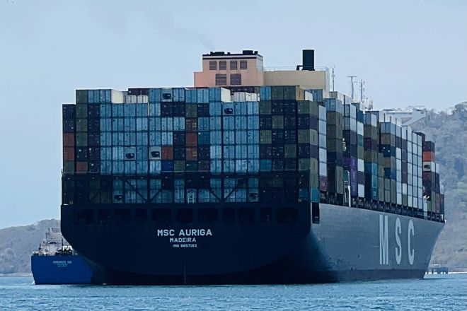 Massive cargo ship MSC Auriga sails through open waters, transporting goods globally.